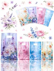 10/25/50入 16.5*25cm 塑膠嬰兒派對禮品袋附手把，防水可重複使用手提袋，水彩油畫花卉混搭風，適用生日、性別揭曉、嬰兒派對用品、教室獎勵、主題派對裝飾 - 彩色 - 查看 12