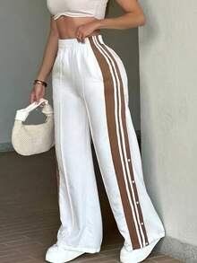 Striped Loose New Casual Brand Sporty Straight Leg Wide Leg Pants - White - View 2