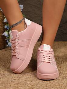 Zapatillas deportivas de mujer 2026 rosa brillante con suela gruesa, zapatos casuales de cuero PU suave con cordones, zapatos deportivos cómodos con suela gruesa antideslizante, adecuados para uso diario y ropa de calle - Rosa - Ver 2