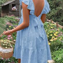 Lyckli Maternidad Vestido con cordón trasero bajo con fruncido - Celeste - Ver 4