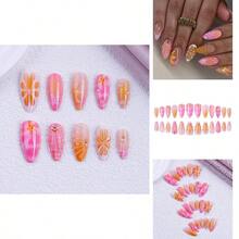 Elegant Wearable Nail Tips, Floral Pattern, Island Soft Style, 24-Piece Set, Almond Shape, Removable Manicure - 穿戴式美甲 - 查看 1