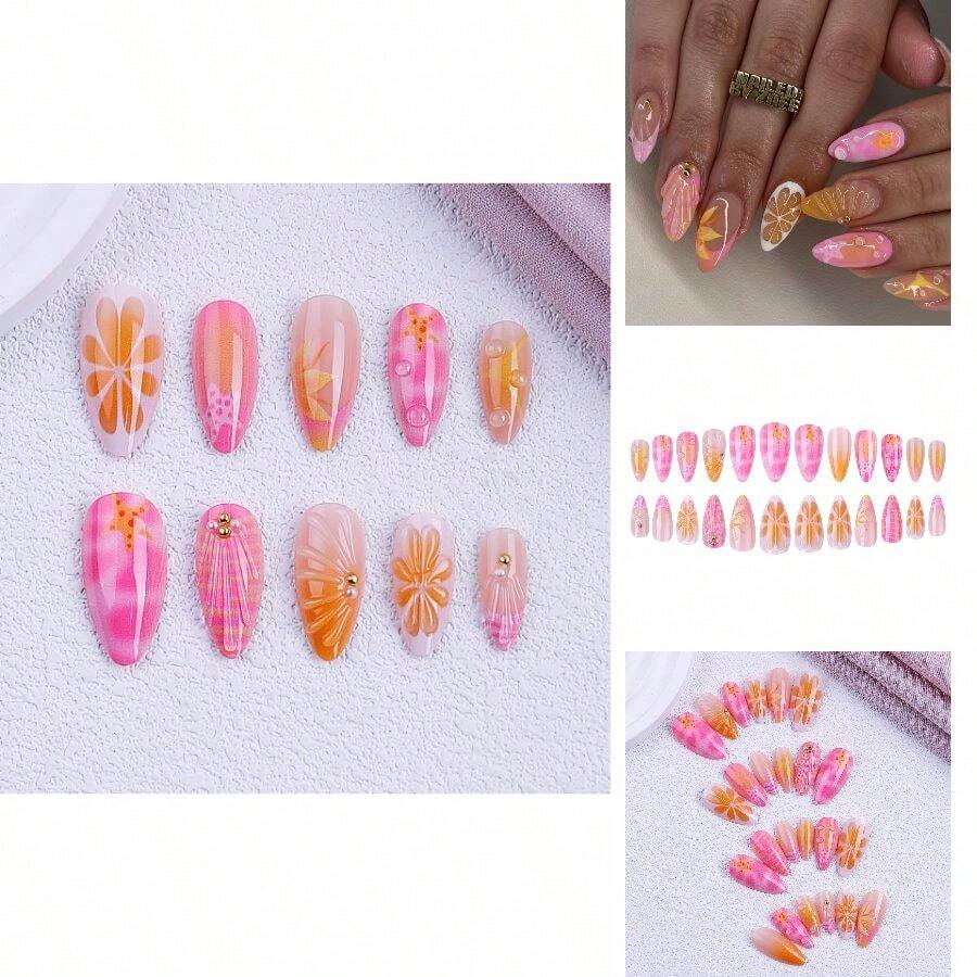 Elegant Wearable Nail Tips, Floral Pattern, Island Soft Style, 24-Piece Set, Almond Shape, Removable Manicure - 穿戴式美甲 - 查看 1