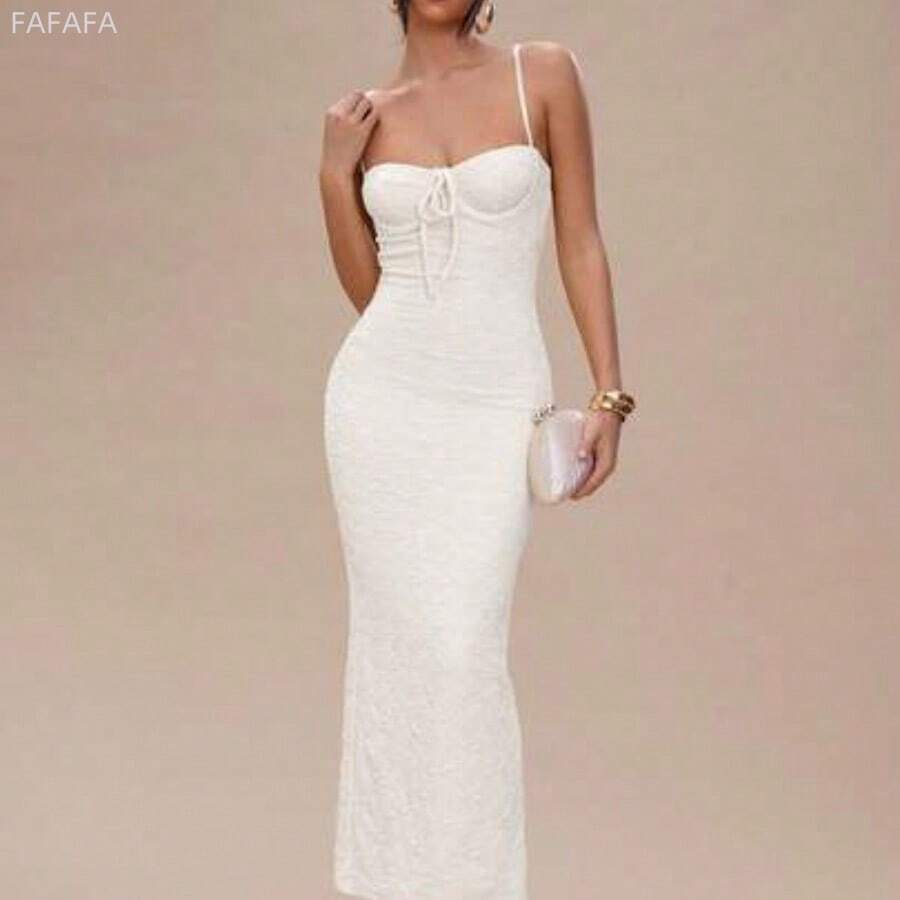 xuehuamaoyi02   Vestido maxi de mujer de verano de punto con tirantes de color amarillo sólido, vestido de mujer de verano, vestido de graduación, vestido de invitada de boda, vestido amarillo mantequilla, atuendo de rave y festival - Albaricoque - Ver 1