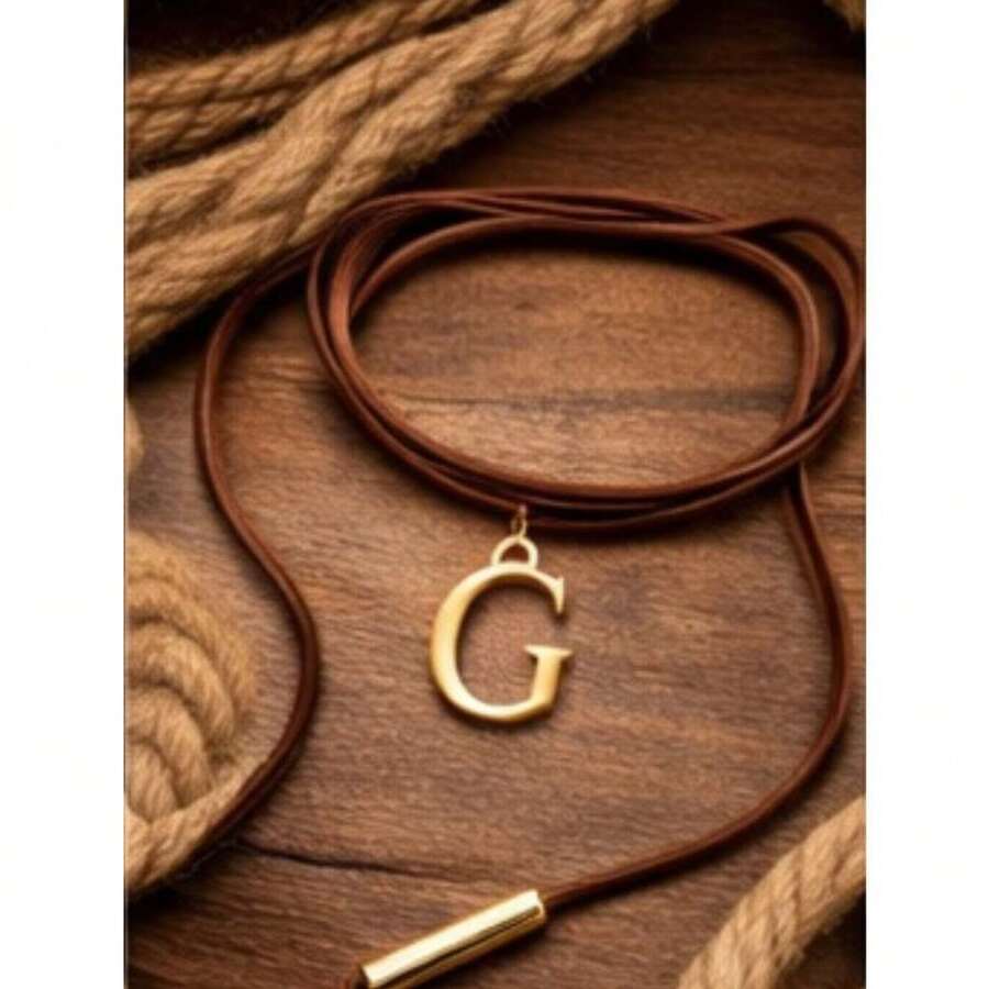 Leatherette Necklace With Personalized Letter, Gold Plated (N, Brown) - G - View 1