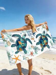1 pieza Toalla de mar, Toalla de playa grande con estrellas de mar, conchas, estampado vintage de vida marina, Toalla de playa y baño de microfibra absorbente y resistente a la arena, Toalla, Adecuada para viajes, piscina, buceo, surf, yoga, camping, vacaciones en la playa, decoración de fiesta de agua Toalla de playa, Chal de baño esencial para viajes de playa de verano, Decoración de baño Toalla de playa multifuncional (Impresión de un solo lado) - Agua verde azul - Ver 1