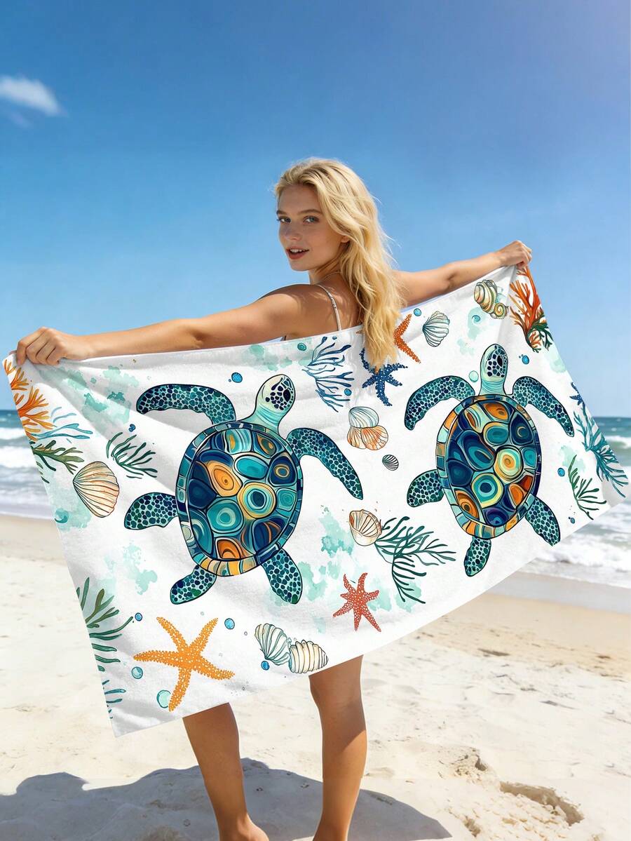 1 pieza Toalla de mar, Toalla de playa grande con estrellas de mar, conchas, estampado vintage de vida marina, Toalla de playa y baño de microfibra absorbente y resistente a la arena, Toalla, Adecuada para viajes, piscina, buceo, surf, yoga, camping, vacaciones en la playa, decoración de fiesta de agua Toalla de playa, Chal de baño esencial para viajes de playa de verano, Decoración de baño Toalla de playa multifuncional (Impresión de un solo lado) - Agua verde azul - Ver 1