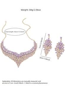 Conjunto de collar y pendientes de lujo con pedrería púrpura para mujer, conjunto de joyería nupcial de aleación de zinc con pedrería, adecuado para boda / fiesta / baile de graduación - Morado - Ver 4