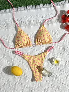 2pcs Floral Plaid Trim Women's Bikini Set - Triangle Top With Ruffle Design & Adjustable Tie-Up Bottom, Suitable For Summer Beach Wear Vacation - Multicolor - View 3