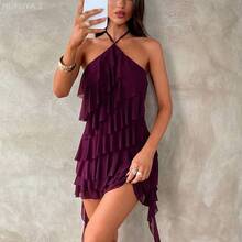 Yunuo Menswear  Nuevo vestido mini de malla con volantes asimétricos en la cintura y el bajo, estilo bohemio elegante, color púrpura, escote halter, adecuado para el Día de San Valentín y la temporada de bodas - Morado - Ver 7