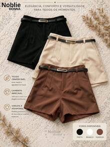 Set Of 3 Women's High-Waisted Tailored Shorts + 1 Free Belt - 1 件米色 1 件黑色 1 件棕色 - 查看 1