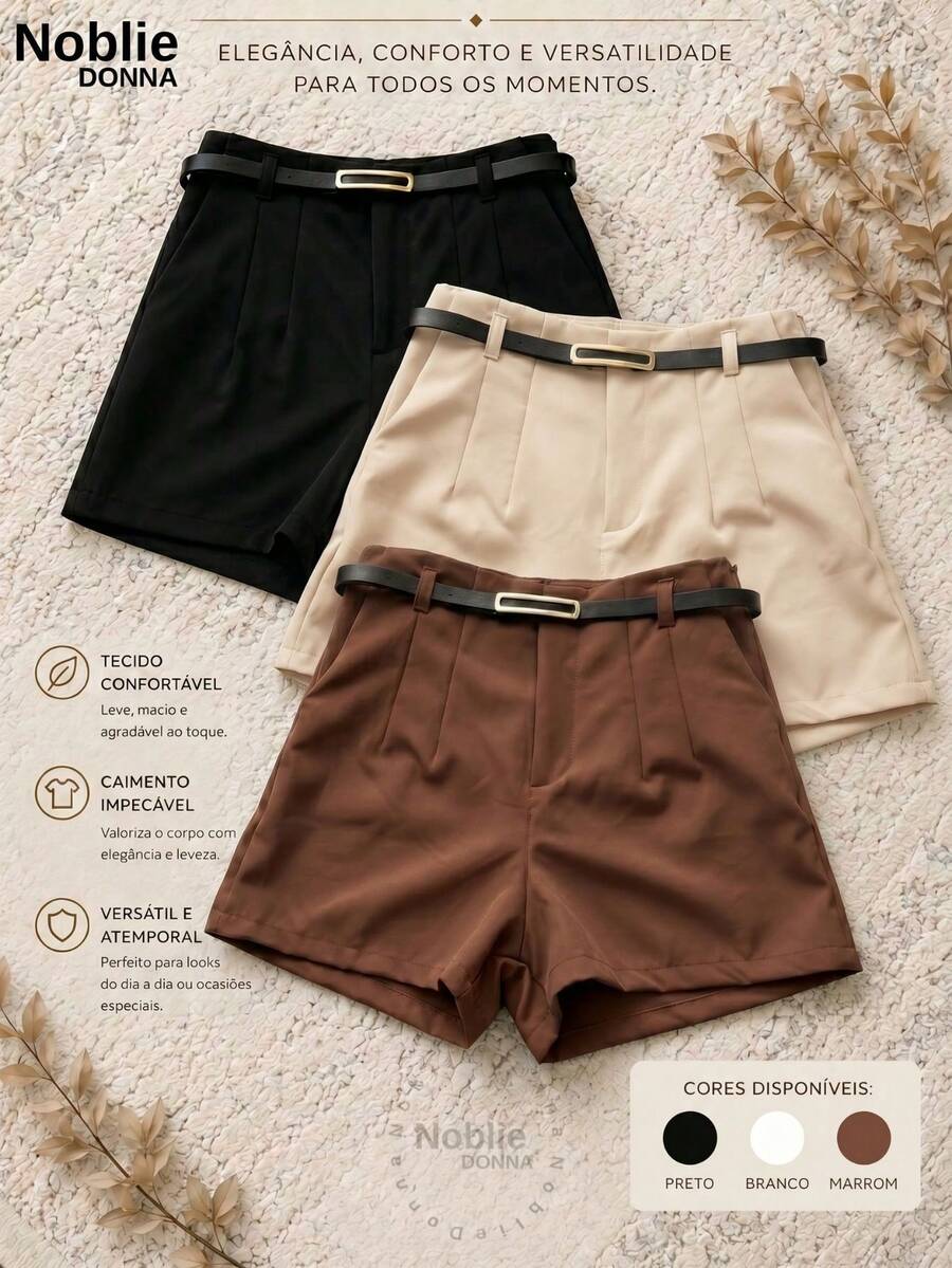 Set Of 3 Women's High-Waisted Tailored Shorts + 1 Free Belt - 1 件米色 1 件黑色 1 件棕色 - 查看 1