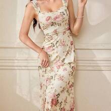 yonghongmaoyi1  Vestido ajustado con estampado floral vintage, tirantes ajustables, cintura entallada, longitud hasta la rodilla, fondo color albaricoque con flores rosas - Albaricoque - Ver 4
