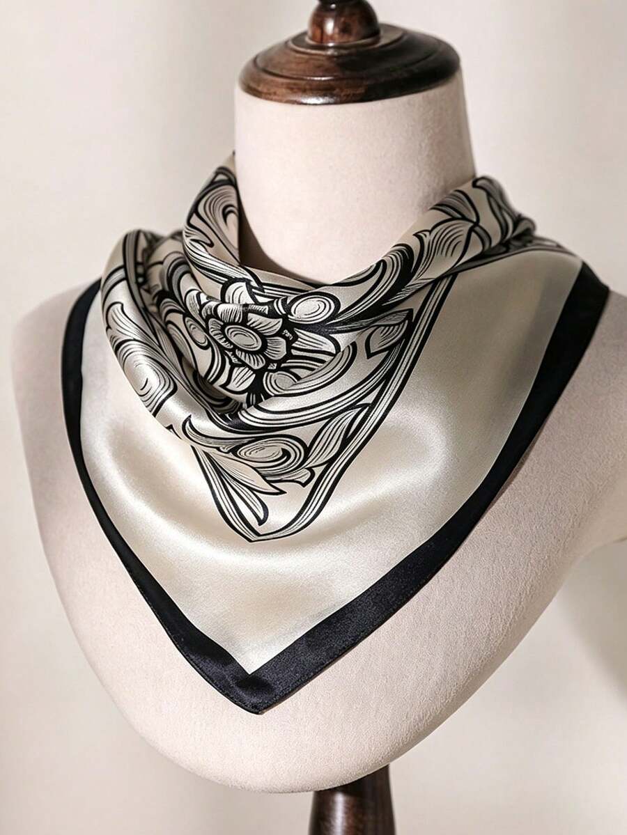 1件女款53x53cm 100%純絲方巾，淺藍色木蘭花印花，奢華緞面圍巾頭巾，百搭時尚配件