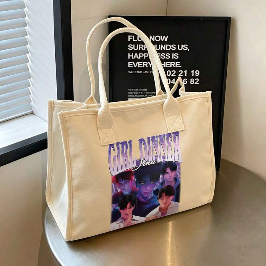 Miniso PLAVE Jinn「Girl Dinner」帆布托特包，K-Pop 虛擬偶像大容量單肩包，適用於日常使用、上學與購物 - 白色 - 查看 1
