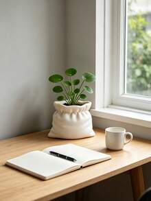 Cute Flower Pot, Succulent Plant Pot, Minimalist White Linen Bag Design Vase, Indoor Decor Flower Pot, Desktop Storage Box, Home And Office Decoration, Gift For Plant Lovers - A - View 2