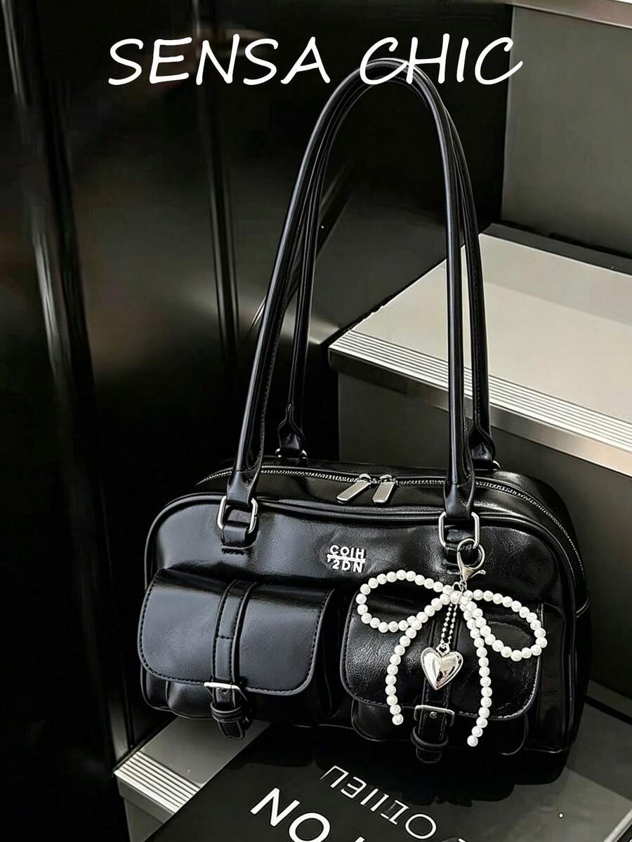 Classic Solid Color PU Waterproof Fabric, Letter Pattern Design, Zipper Closure, Pearl Pendant Decor, Fashionable Shoulder Bag