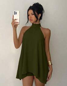 Women's Jumpsuit Halter Neck Loose Summer Dress - 軍綠色 - 查看 5