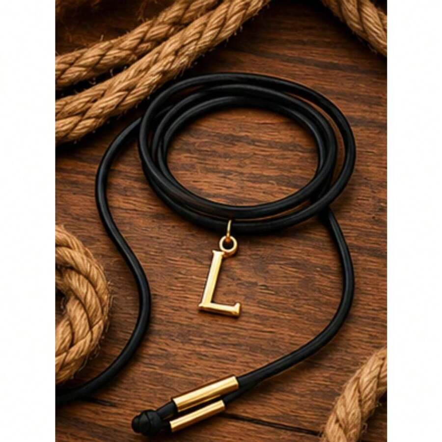 Leatherette Necklace With Personalized Letter, Gold Plated (N, Brown) - L - View 1