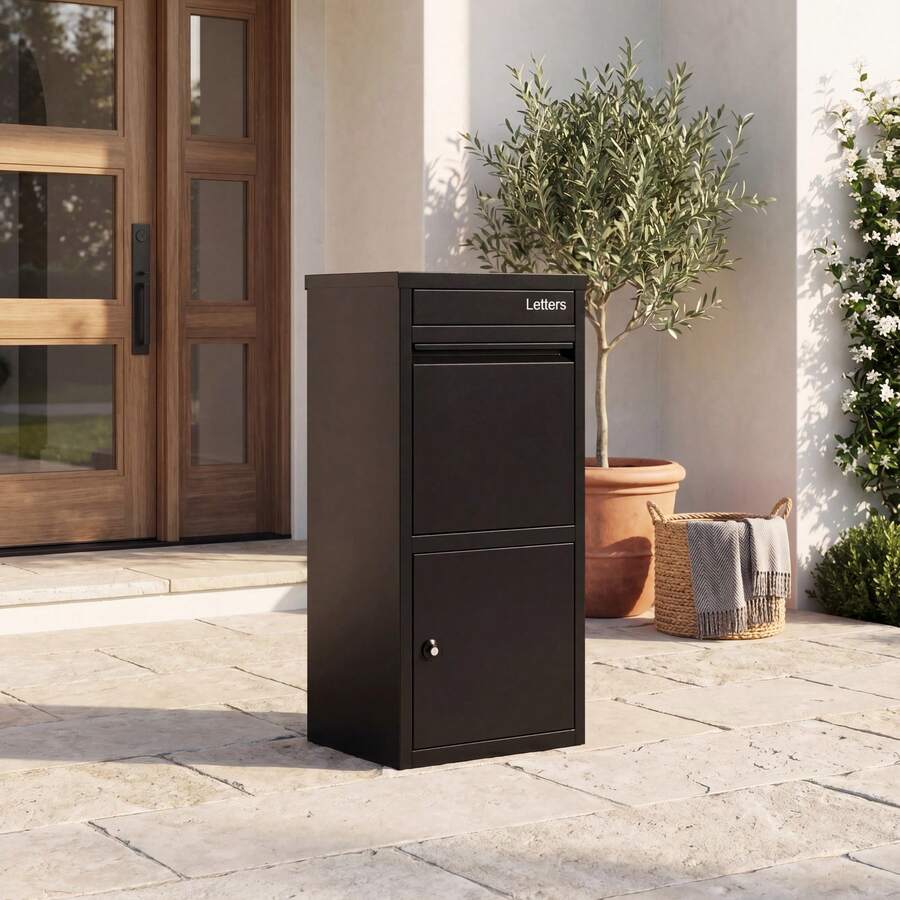COSTWAY Package Delivery Box For Outside, Large Galvanized Steel Parcel Mailbox With Anti-Theft Design, Lockable Door, Waterproof Package Drop Box For Home, Porch, Curbside, Black - A - Ver 1