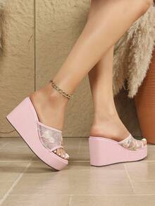 女款厚底半後跟涼鞋 春夏新款楔形厚底粉色拖鞋 時尚圓頭透氣刺繡網布休閒鞋 百搭大尺碼粉色鞋 - 粉色 - 查看 6