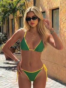 Conjunto de traje de baño de verano para mujer con bikini sexy de cuello halter con lazo y patchwork y bragas triangulares para vacaciones en la playa - Verde - Ver 3