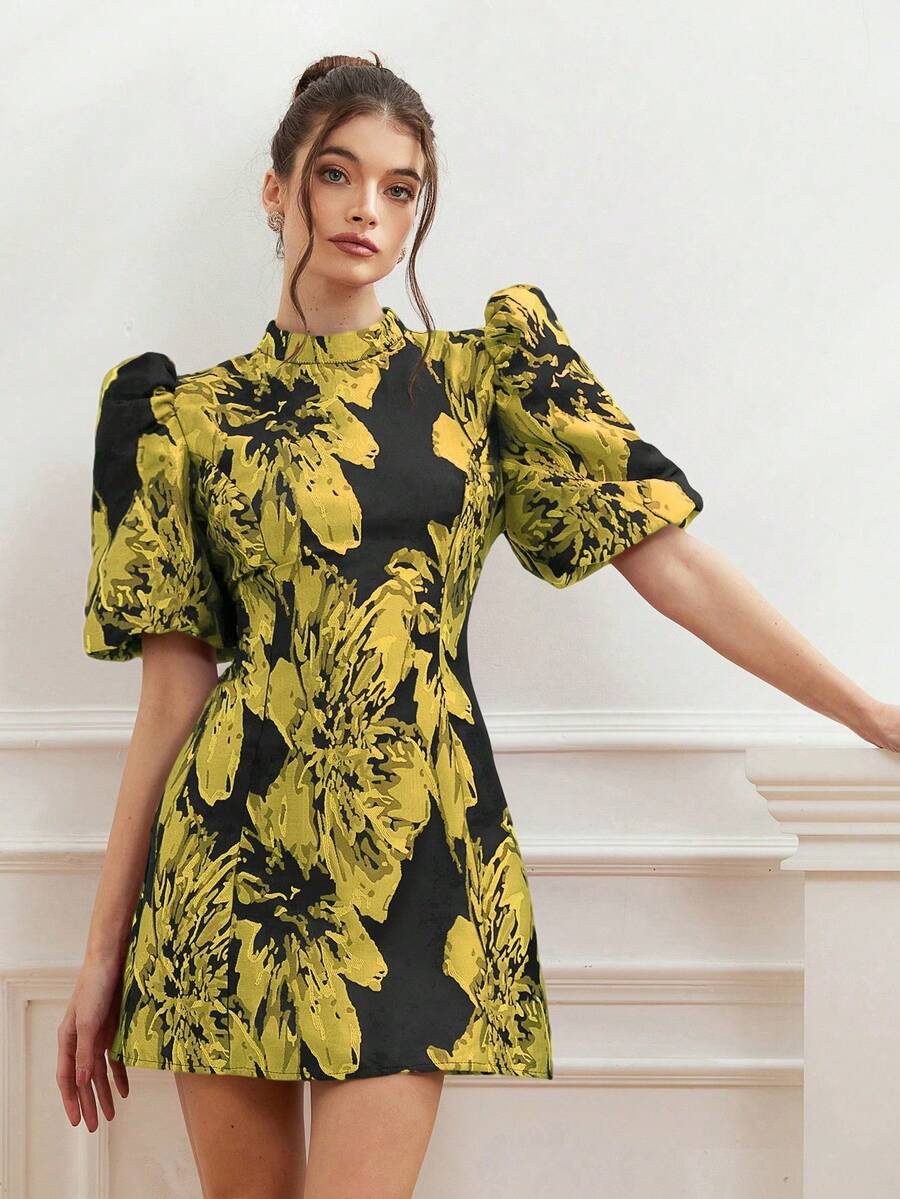Aveloria Revavyn Women's Minimalist Short Dress With Puff Sleeves, Fitted Waist, Elegant French Nobility Style, Fuchsia Jacquard On Black Base, High-End And With - 黃色 - 查看 1