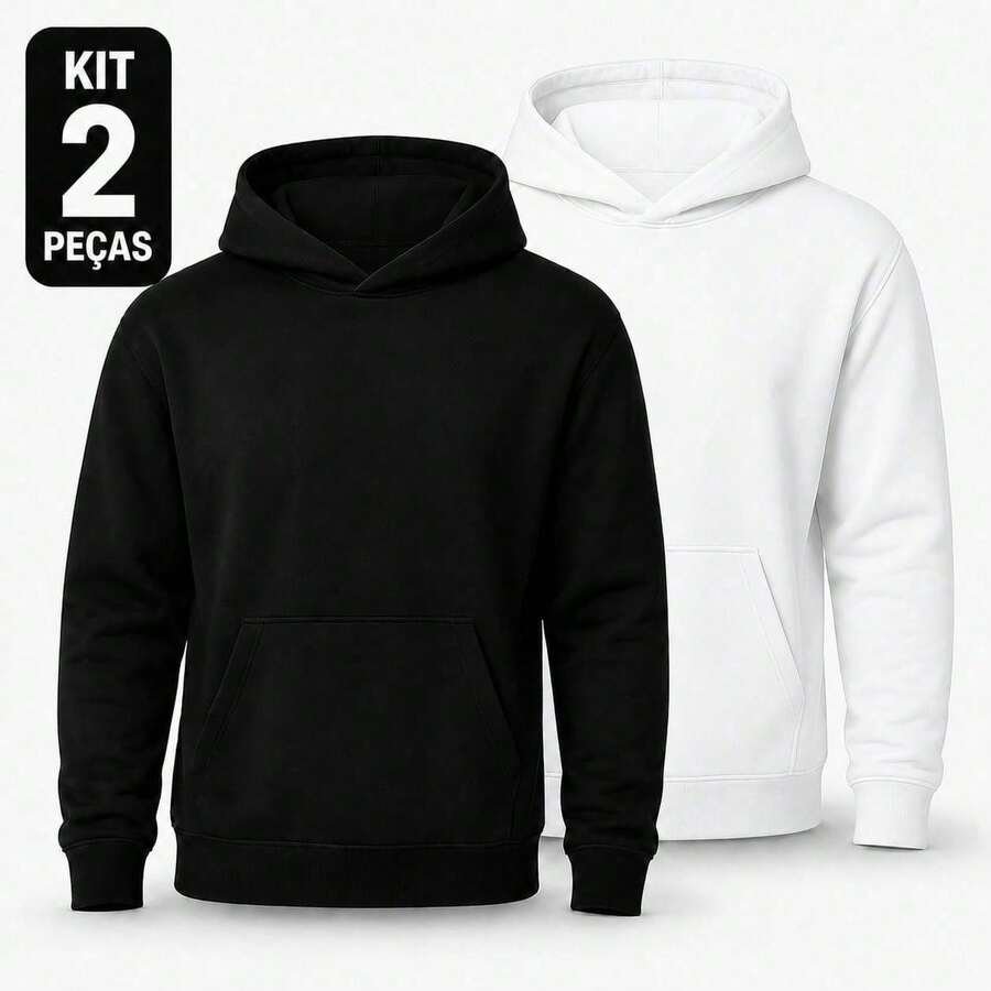 Set Of 2 Plain Kangaroo Jackets, Unisex, Comfortable Basic Winter Warmth - Black + White - View 1