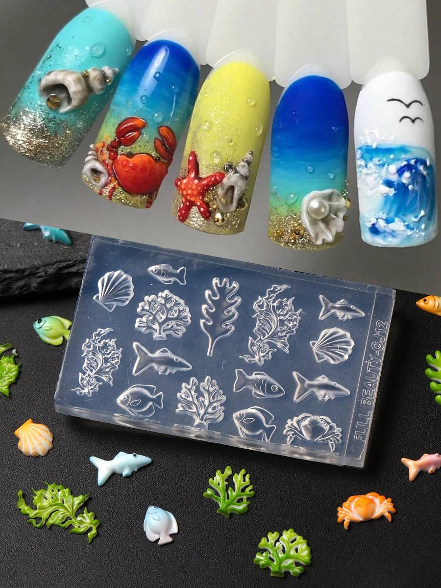 FULL BEAUTY 3D海洋主題美甲矽膠模具,海洋生物設計美甲配件製作模具,包含魚、螃蟹、貝殼、珊瑚、海藻圖案,透明柔軟美甲樹脂鑄造模具,DIY手工美甲裝飾,夏季海灘美甲設計美甲配件用品 - 無色 - 查看 1