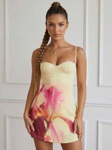 Vestido de tirantes con estampado floral casual, espalda descubierta, elegante para playa, vacaciones y fiesta de verano, amarillo - Amarillo - Ver 4