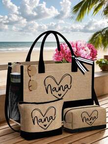 Nana Love 3件組亞麻托特包套裝，印有 Nana Love 字母圖案，時尚包款，小錢包，高地牛圖案豹紋蝴蝶結，大容量托特包，通勤托特包 + 收納包，教會活動禮物，大容量設計，側面水壺網袋，方便放置聖經、筆記本電腦、水壺、雨傘等 - 彩色 - 查看 8