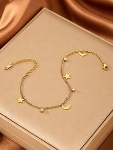MONALLY 18K Gold Plated Gold Star Moon Cubic Zirconia Ankle Bracelet For Women, Stainless Steel Dainty Anklet, Adjustable Summer Boho Beach Foot Jewelry Birthday/Valentine's Day Perfect Gift Daily Wear - Anklet - View 3