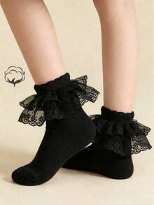 1 Pair Girls Cotton Solid Color Lace Trim Ankle Socks, Suitable For Dance - Black - View 2