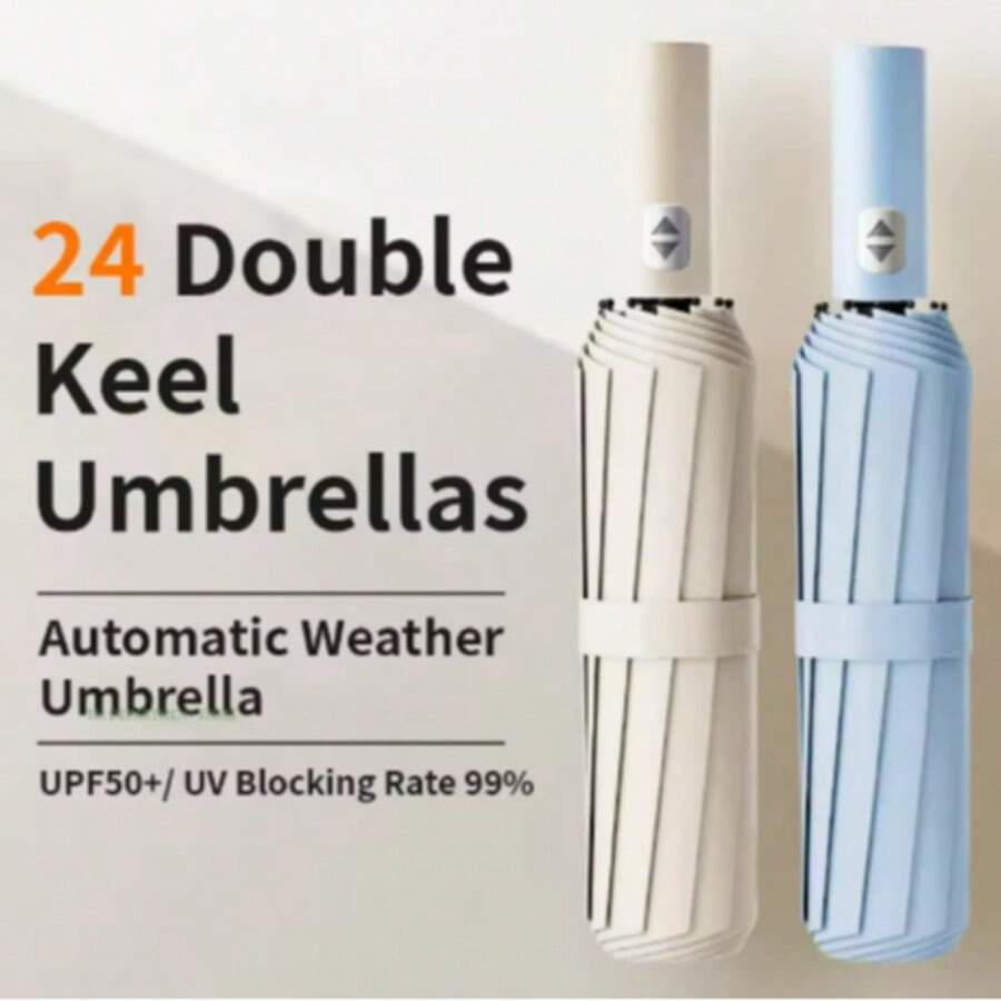 24-Rib Automatic Umbrella, Portable Windproof Business Folding Umbrella, Suitable For All Weather, Sun Umbrella With UV Protection, Large Size, Dual-Use For Rain And Sun, Black Coating, 1pc - Multicolor - View 1
