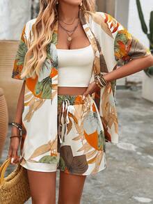 Nuevo conjunto casual y elegante de primavera/verano/otoño, estilo europeo y americano, con estampados y cortes aleatorios, que consta de un cárdigan de manga corta y pantalones cortos (excluyendo los tirantes). - Colores mezclados - Ver 2