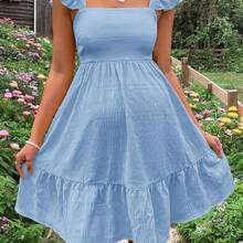Lyckli Maternidad Vestido con cordón trasero bajo con fruncido - Celeste - Ver 3