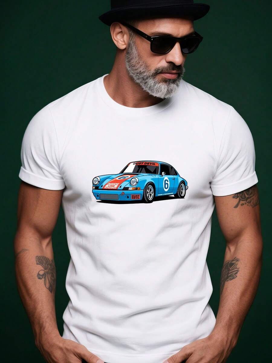 Camiseta de manga corta con cuello redondo para hombre, estilo casual de verano, con ilustración de coche de carreras Dusk-Devil, ropa de calle a. - Blanco - Ver 1