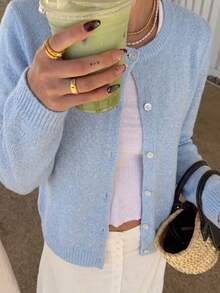 Women's Solid Color Single-Breasted Casual Versatile Daily Wear Cardigan - Blue - View 3
