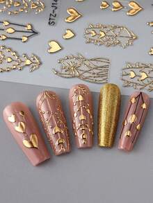 3D金箔心形美甲貼紙，金屬金心形設計，亮面自黏美甲貼花，情人節裝飾美甲用品 - 金色 - 查看 5