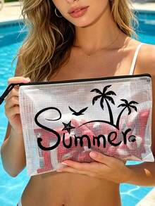 Fashionable Waterproof Pvc Beach Bag With "Summer" Coconut Tree, Seagull, Starfish, Seashell Elements Color Printing, Colorful Letter Print, A4 Size, Transparent Makeup Bag With Nylon Zipper, Suitable For Swimming, Diving And Summer Vacation - Multicolor - View 4
