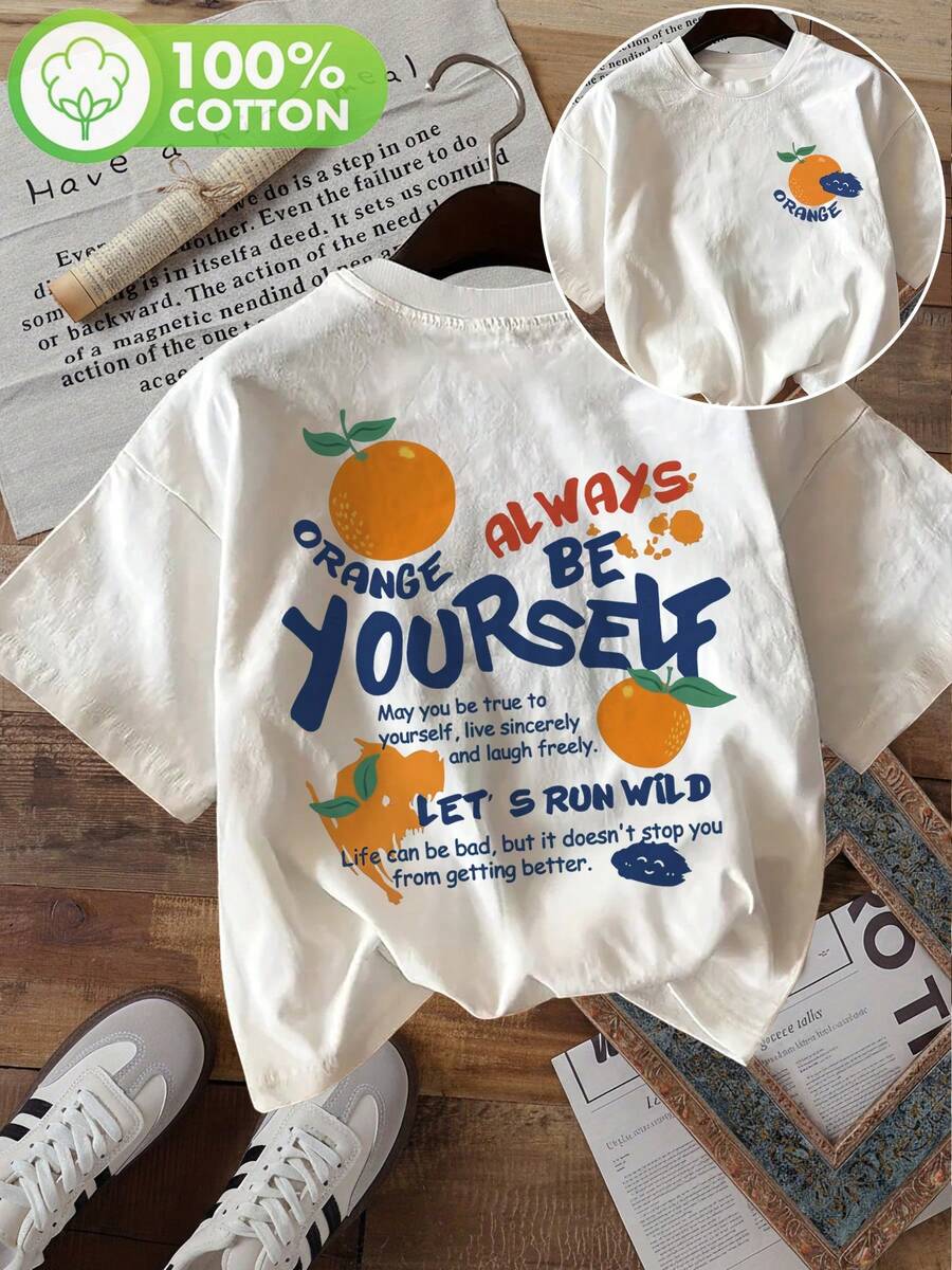 Minimalist. 100% Cotton. 1 Piece. [Double-Sided Printing] Fashionable Women's Top. Women's Summer Clothing. Fresh Style. Orange Print With The Text "ORANGE ALWAYS BE YOURSELF". [LangK] Pure Cotton Short-Sleeved Round Neck T-Shirt. Spring/Summer Top. - 白色 - 查看 1