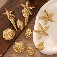 10pcs European And American Fashion Retro Exaggerated Metal Asymmetrical Starfish Conch Shell Shaped Carded Earrings For Women, Seasonal High- Elegant Personalized High-End Design Earring Set Suitable For Daily, Travel, Party Wear - Yellow Gold - View 1
