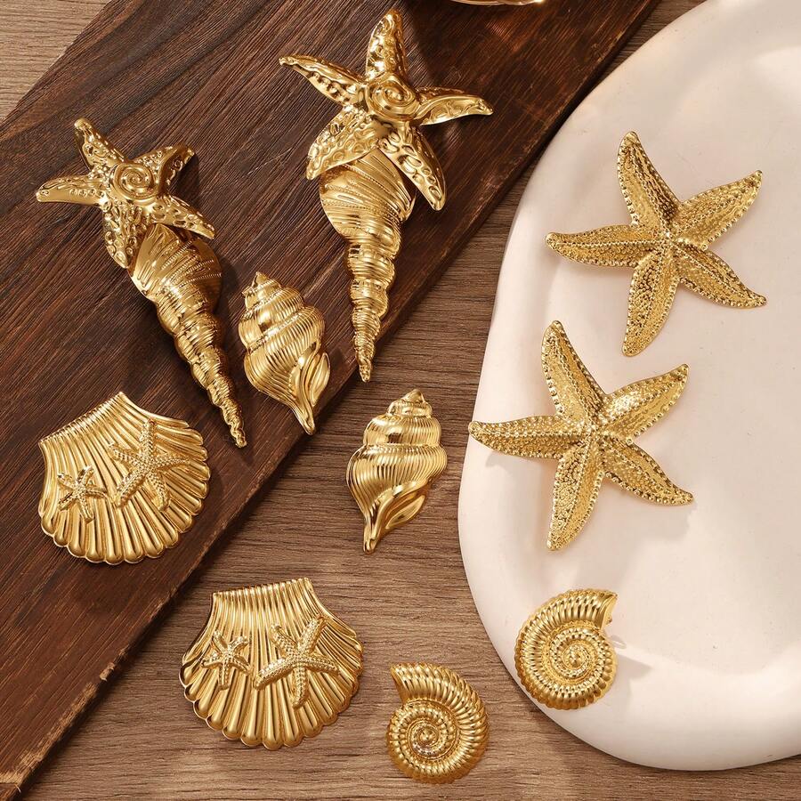 10pcs European And American Fashion Retro Exaggerated Metal Asymmetrical Starfish Conch Shell Shaped Carded Earrings For Women, Seasonal High- Elegant Personalized High-End Design Earring Set Suitable For Daily, Travel, Party Wear - Yellow Gold - View 1