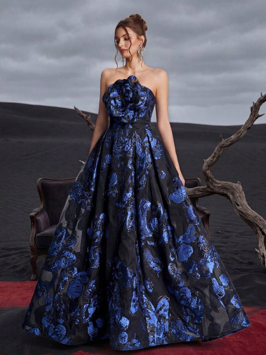 Women's Elegant 3D Floral Decor Strapless High Waist Maxi Evening Dress Wedding Party