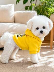 PETCIRCLE 1件寵物衣物 狗貓衣服 戶外室內穿著 小狗幼犬 春秋舒適套頭連帽衫 連帽印花運動衫系列 素色運動衫 - 檸檬黃 + 熱轉印骨頭印花 - 黃色 - 查看 2