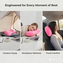 1pc Inflatable Pillow, Foldable And Portable, Press-To-Inflate, Soft Flocked Pillow, Suitable For Travel, Airplane, Car, Home, Office Nap, Camping And More. Lightweight And Foldable, Travel Essential. - Pink - View 3