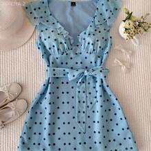 Soqi Women's Clothing  Vestido corto de mujer con estampado de lunares y volantes en el bajo - Café integral - Ver 6