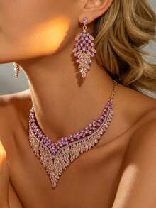 Conjunto de collar y pendientes de lujo con pedrería púrpura para mujer, conjunto de joyería nupcial de aleación de zinc con pedrería, adecuado para boda / fiesta / baile de graduación - Morado - Ver 2