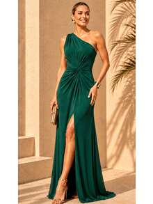 Bridesmaid Dress For A Day Or Night Wedding, Guest Dress On , One-Shoulder With A Knot. - 翠綠色 - 查看 1