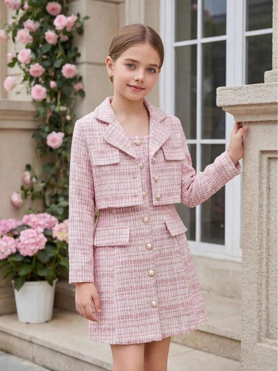 Tween Girls' Party Outfit Set, 8-12 Years Old, Elegant Style, Tweed Short Cardigan Jacket + Square Neck Strap Dress, 2 Pieces Set, Pearl Button Design, Suitable For Annual Meeting/Birthday Party - Pink - View 1