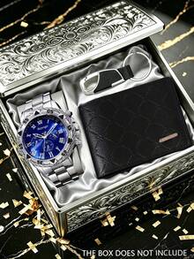 3pcs Men's Business Light Luxury Watch Set, Including A Silver Stainless Steel Strap Three-Eye Chronograph Blue Dial Quartz Watch, A Rhinestone-Pattern Embossed Leather Wallet, And A Leather Spliced Keychain. - Silver - View 7